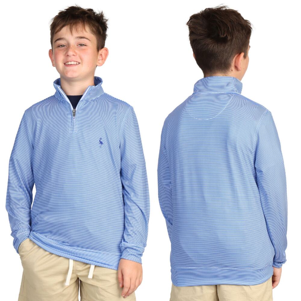 TAILOR BYRD Performance Top Boys Kids Medium Blue Stripe Quarter Zip Shirt SPF30